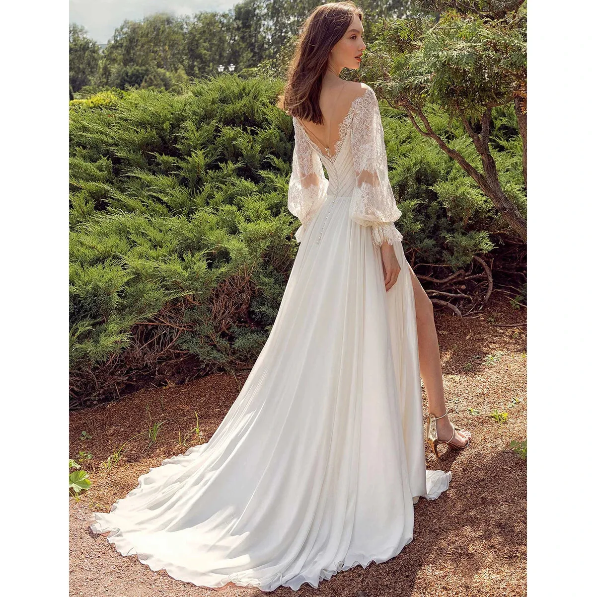 Lace Off The Shoulder Ruched Chiffon Wedding Dress Backless Customized High Split Plus Size Long Puffy Sleeve Beach Bridal Gown
