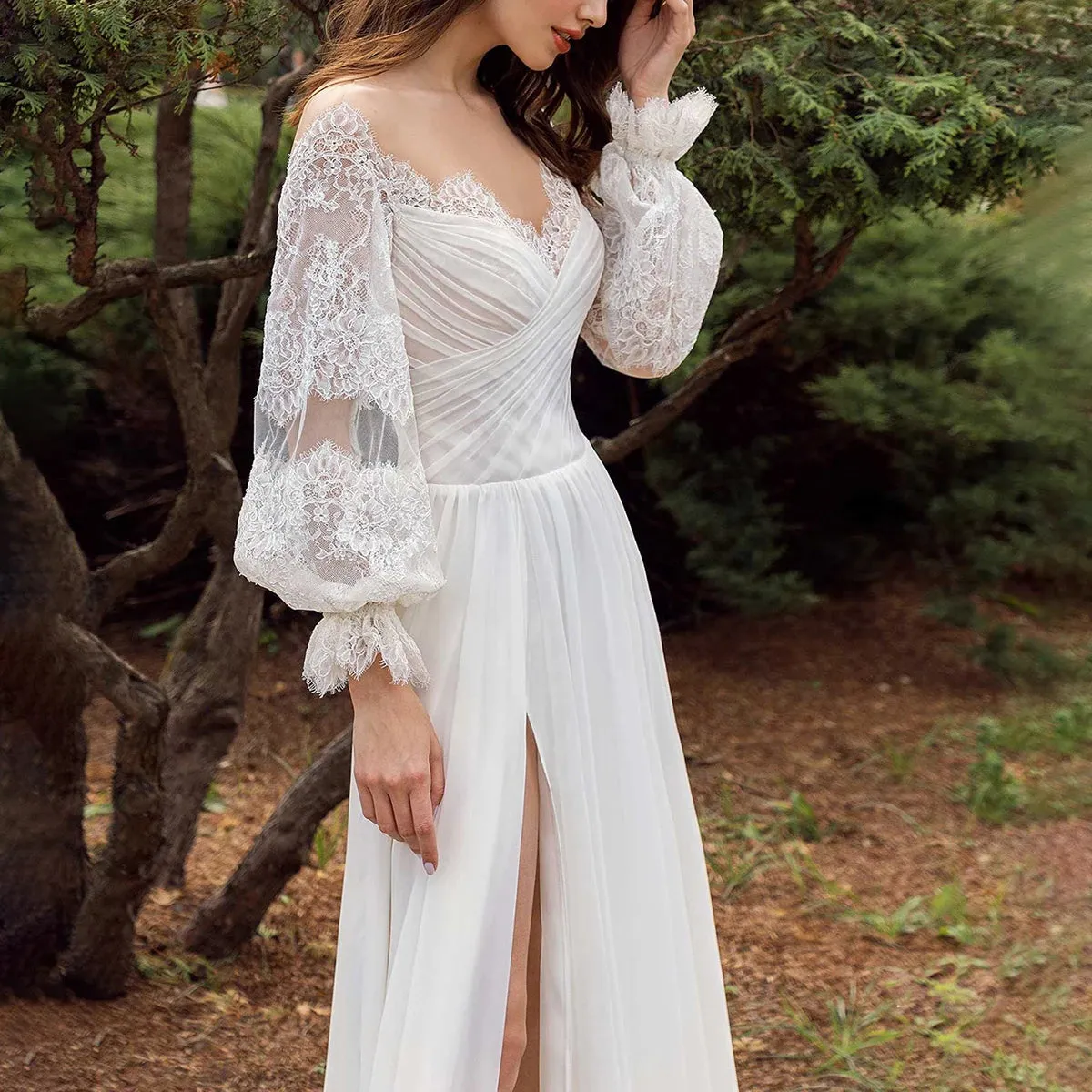 Lace Off The Shoulder Ruched Chiffon Wedding Dress Backless Customized High Split Plus Size Long Puffy Sleeve Beach Bridal Gown
