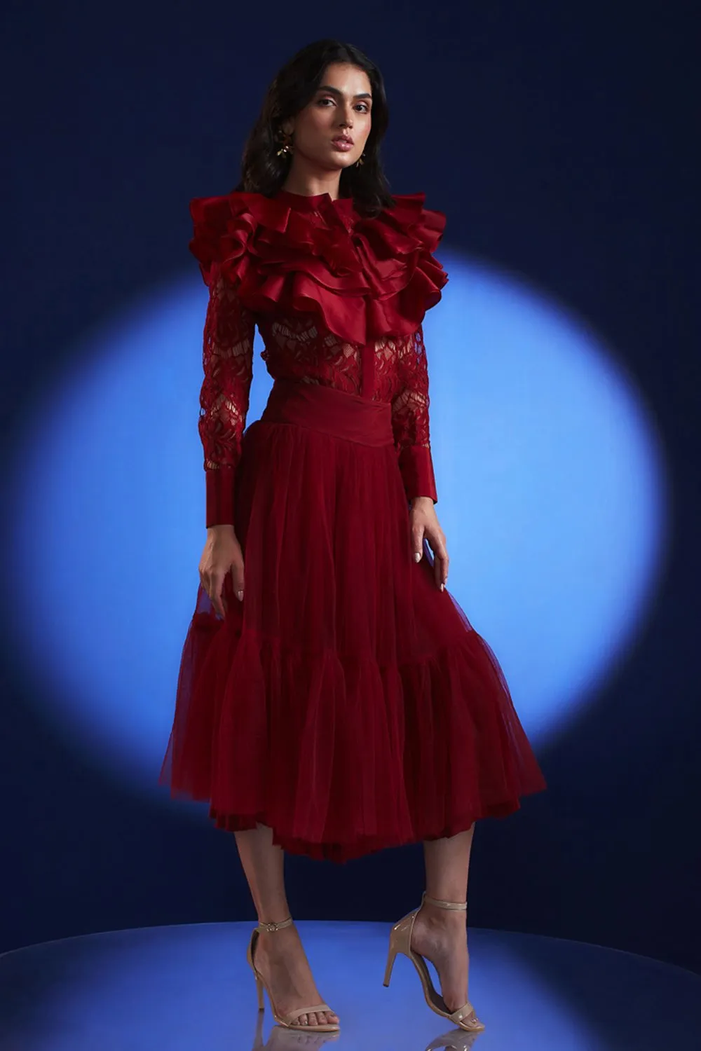 Lace Ruffled Shirt And Midi Skirt Set