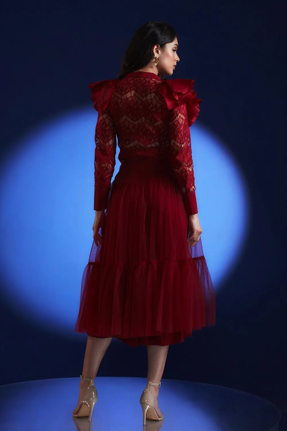 Lace Ruffled Shirt And Midi Skirt Set