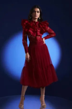 Lace Ruffled Shirt And Midi Skirt Set