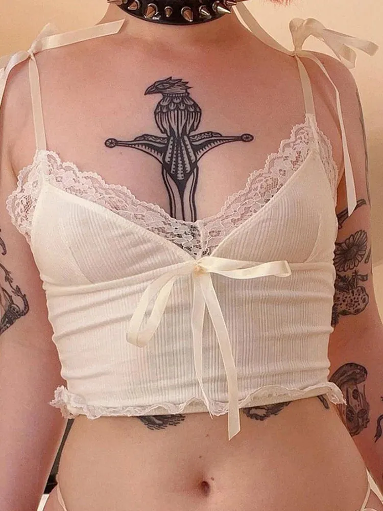 Lace Trim Crop Top - Aesthetic White Bow Mini Vest