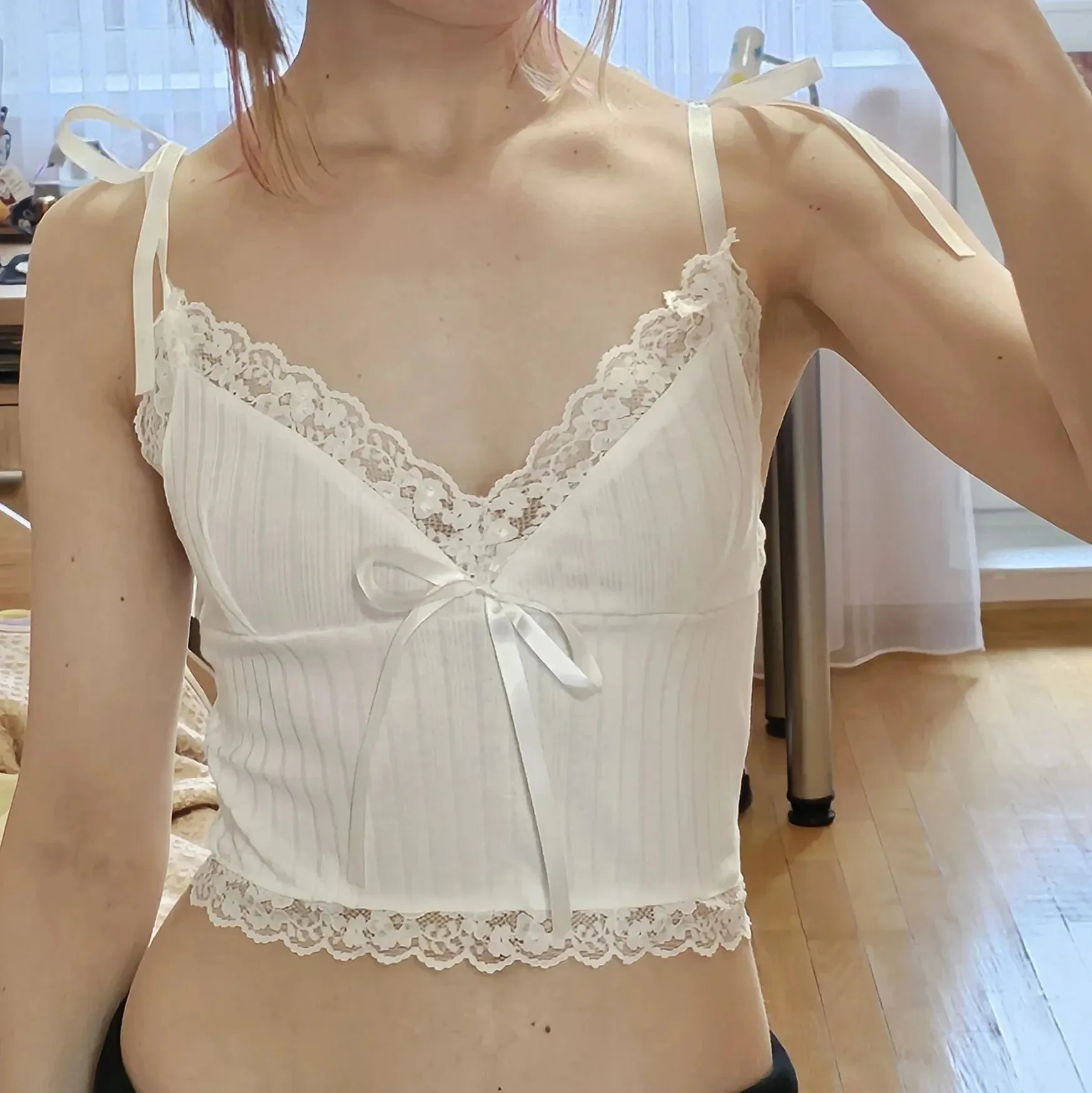 Lace Trim Crop Top - Aesthetic White Bow Mini Vest
