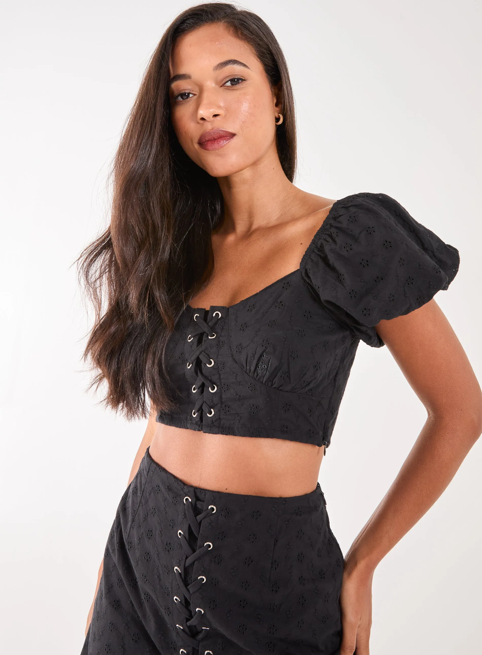 Lace Up Corset Puff Sleeve Crop Top