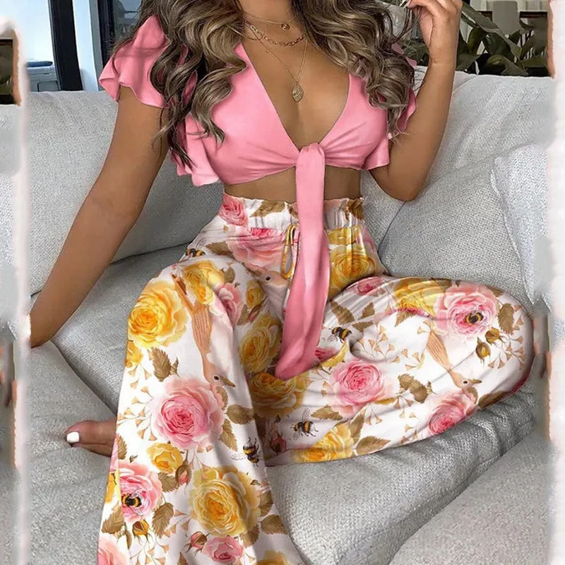 Laced-Up Print Two-Piece Set with V-Neck Top and High-Waisted Pants