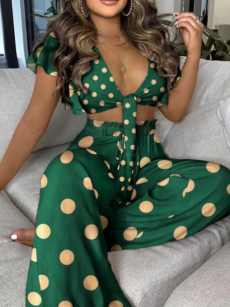 Laced-Up Print Two-Piece Set with V-Neck Top and High-Waisted Pants