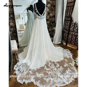 Lakshmigown Plus Size Bridal Wedding Dress Beach Summer 2024 Vestido De Boda V Neck Pleat Bridal Gowns Cut Out Lace Train