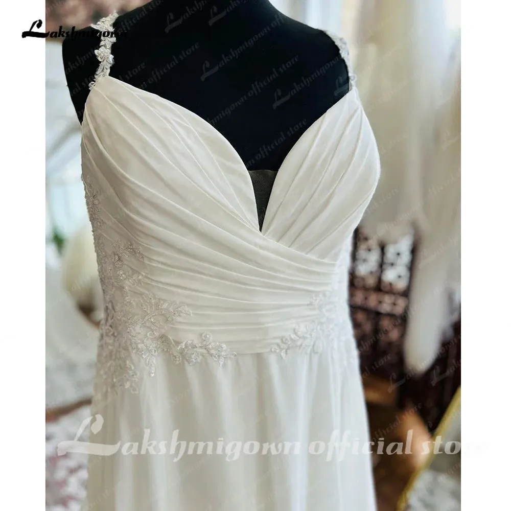 Lakshmigown Plus Size Bridal Wedding Dress Beach Summer 2024 Vestido De Boda V Neck Pleat Bridal Gowns Cut Out Lace Train