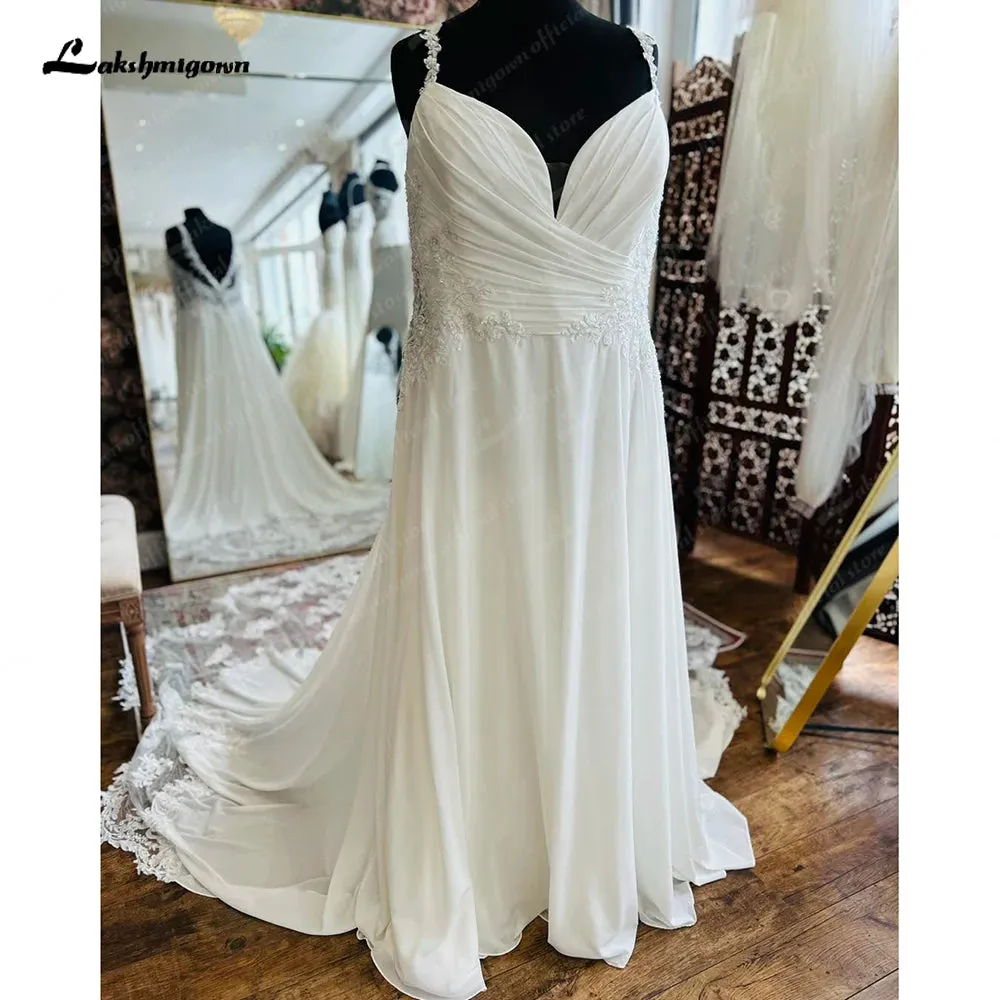 Lakshmigown Plus Size Bridal Wedding Dress Beach Summer 2024 Vestido De Boda V Neck Pleat Bridal Gowns Cut Out Lace Train