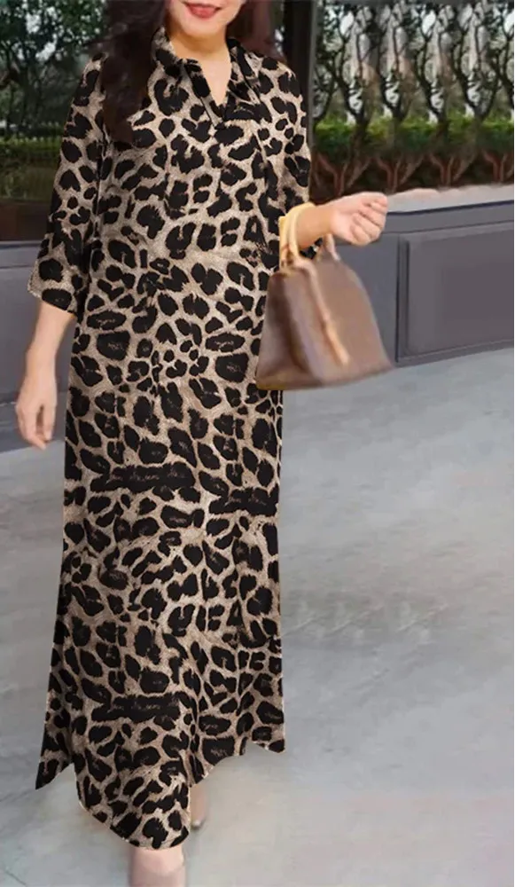 Lapel Neck Leopard Dresses