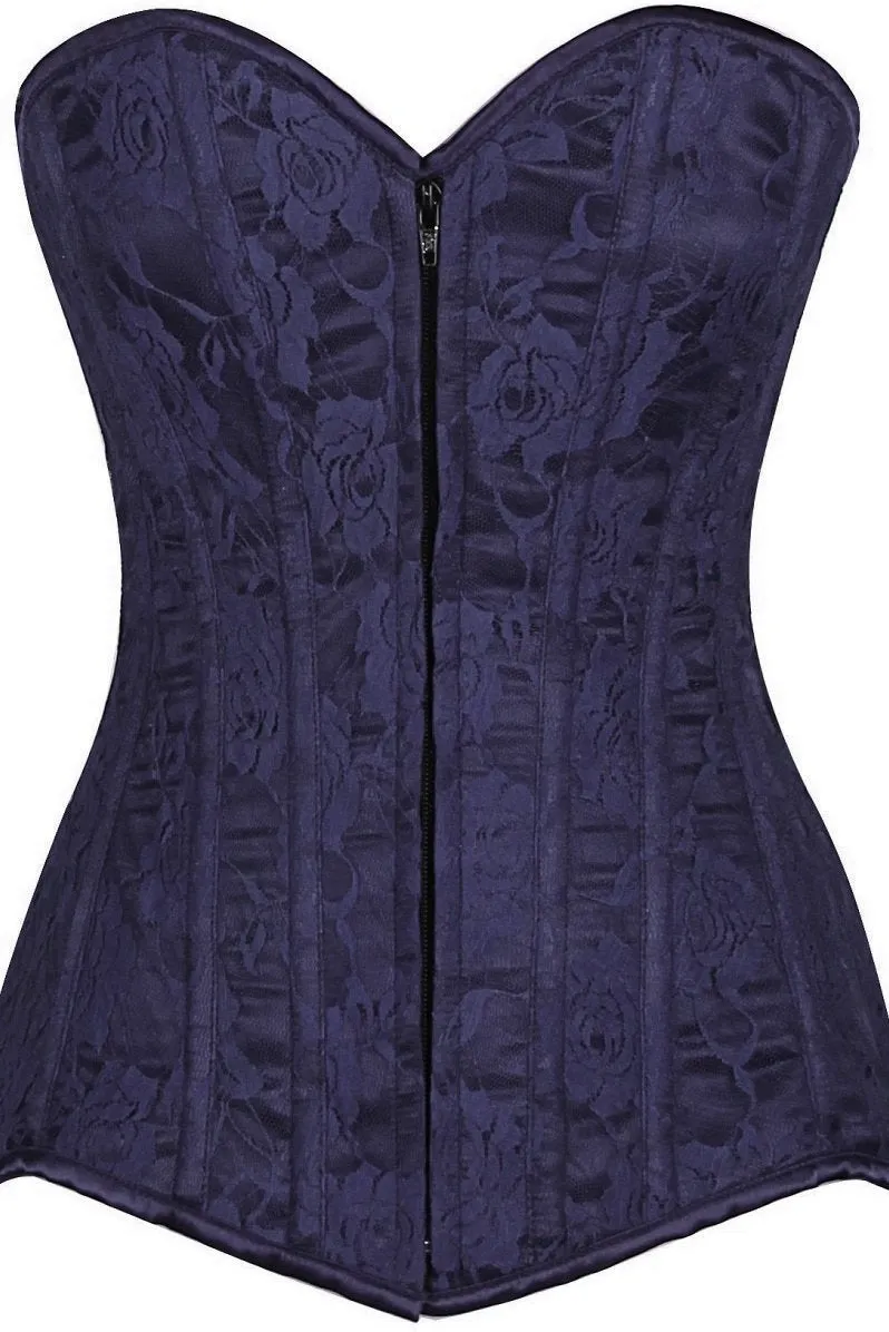 Lavish Plus Size Navy Blue Lace Overbust Corset with Zipper