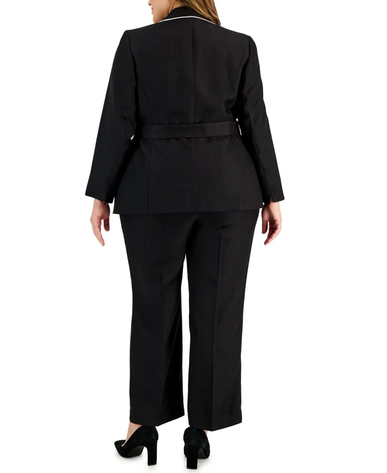 Le Suit  Plus Contrast-Trim Belted Suit Blazer Jacket Black / Vanilla Ice 20W