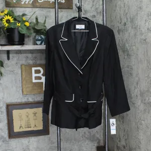 Le Suit  Plus Contrast-Trim Belted Suit Blazer Jacket Black / Vanilla Ice 20W