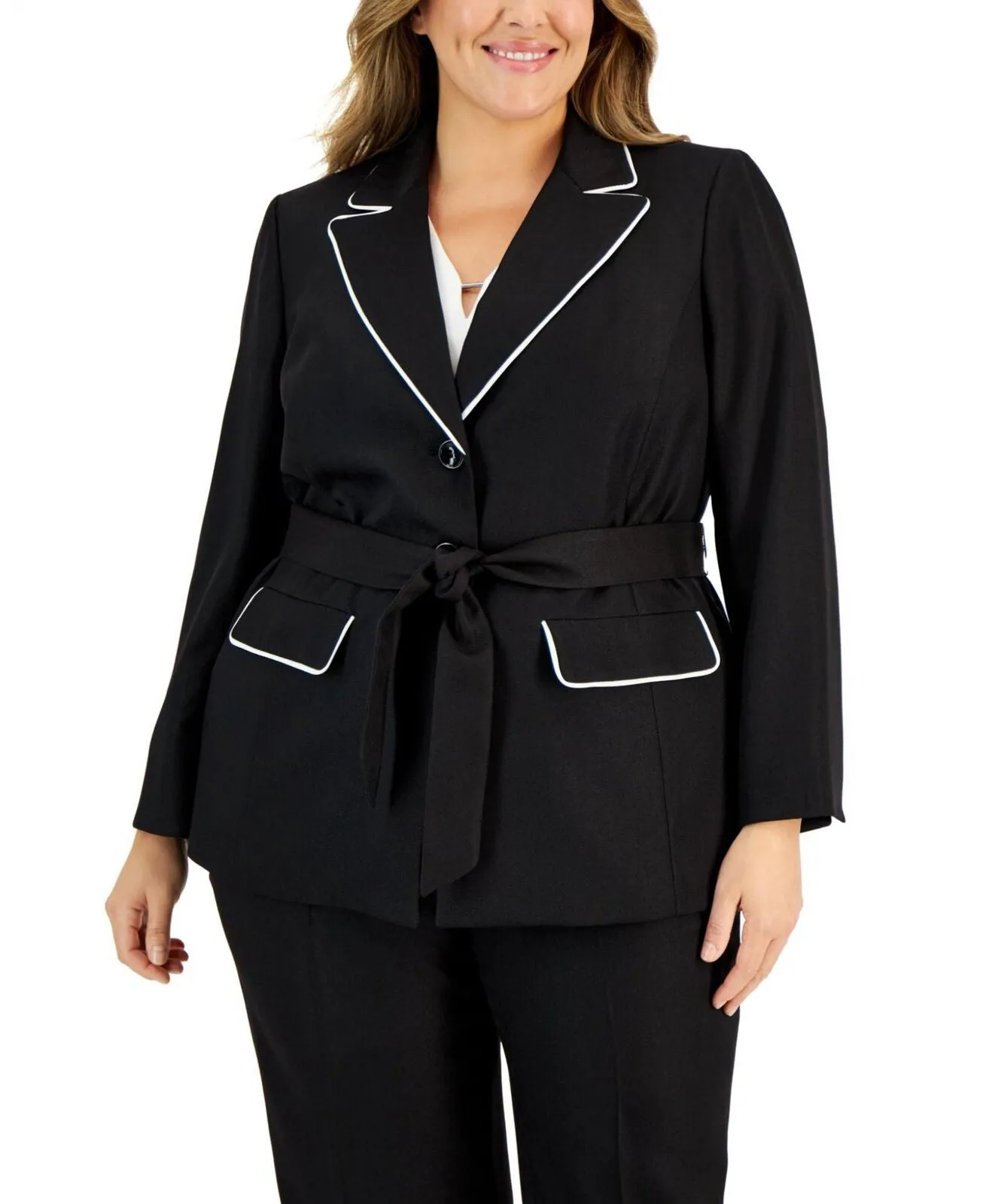 Le Suit  Plus Contrast-Trim Belted Suit Blazer Jacket Black / Vanilla Ice 20W