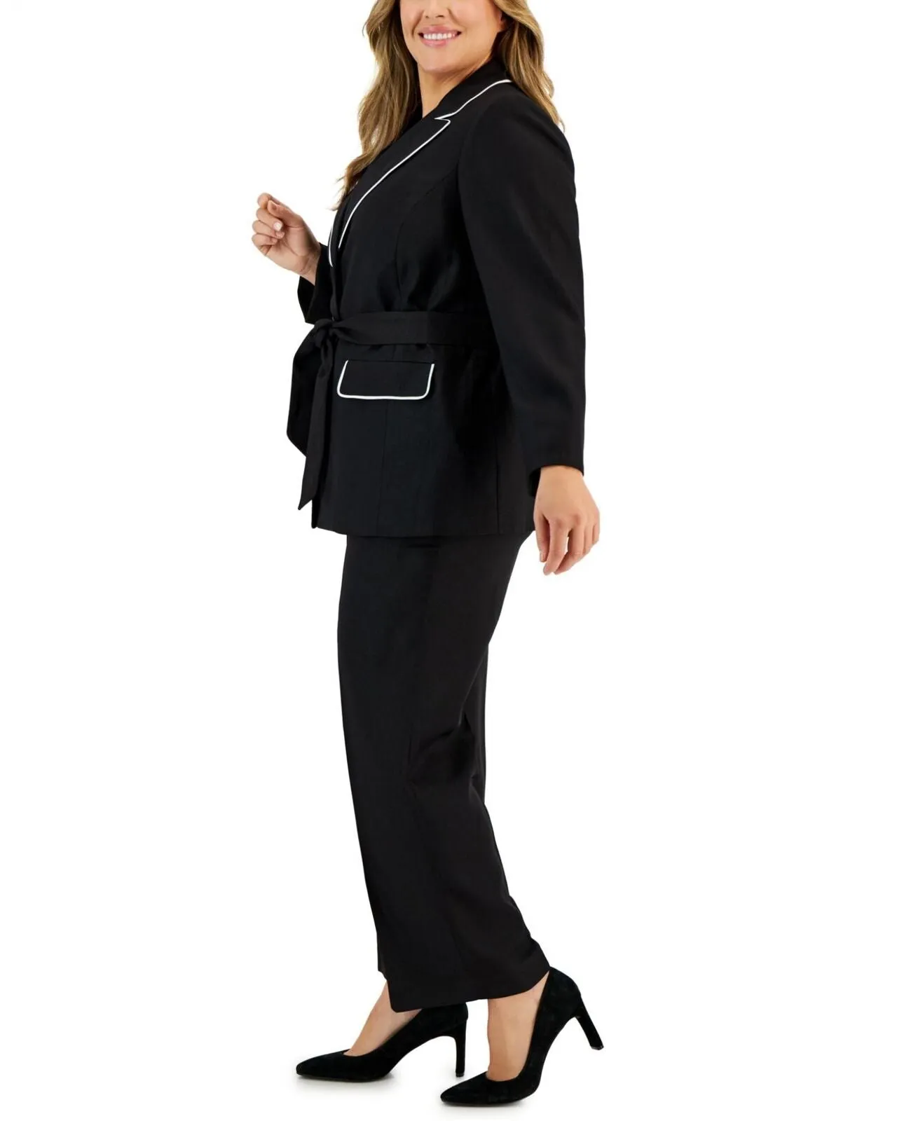 Le Suit  Plus Contrast-Trim Belted Suit Blazer Jacket Black / Vanilla Ice 20W