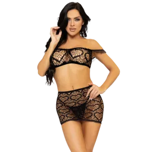 LEG AVENUE - THREE PIECES SET TOP, MINI SKIRT & STRING ONE SIZE - BLACK