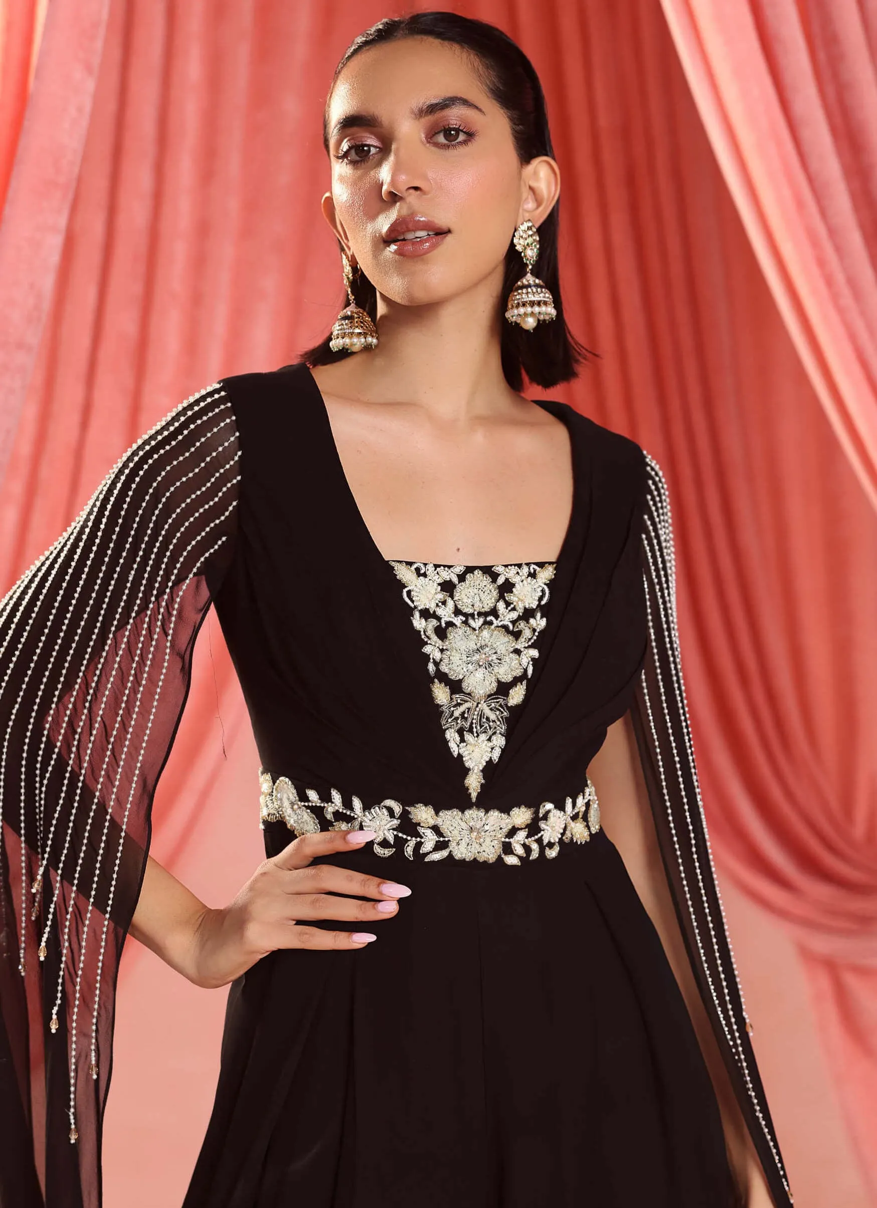 Lena black pleated draped jumpsuit