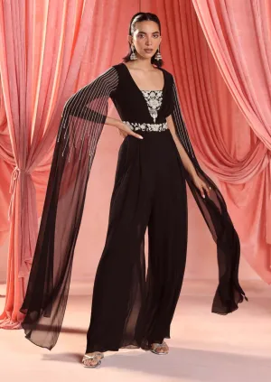 Lena black pleated draped jumpsuit