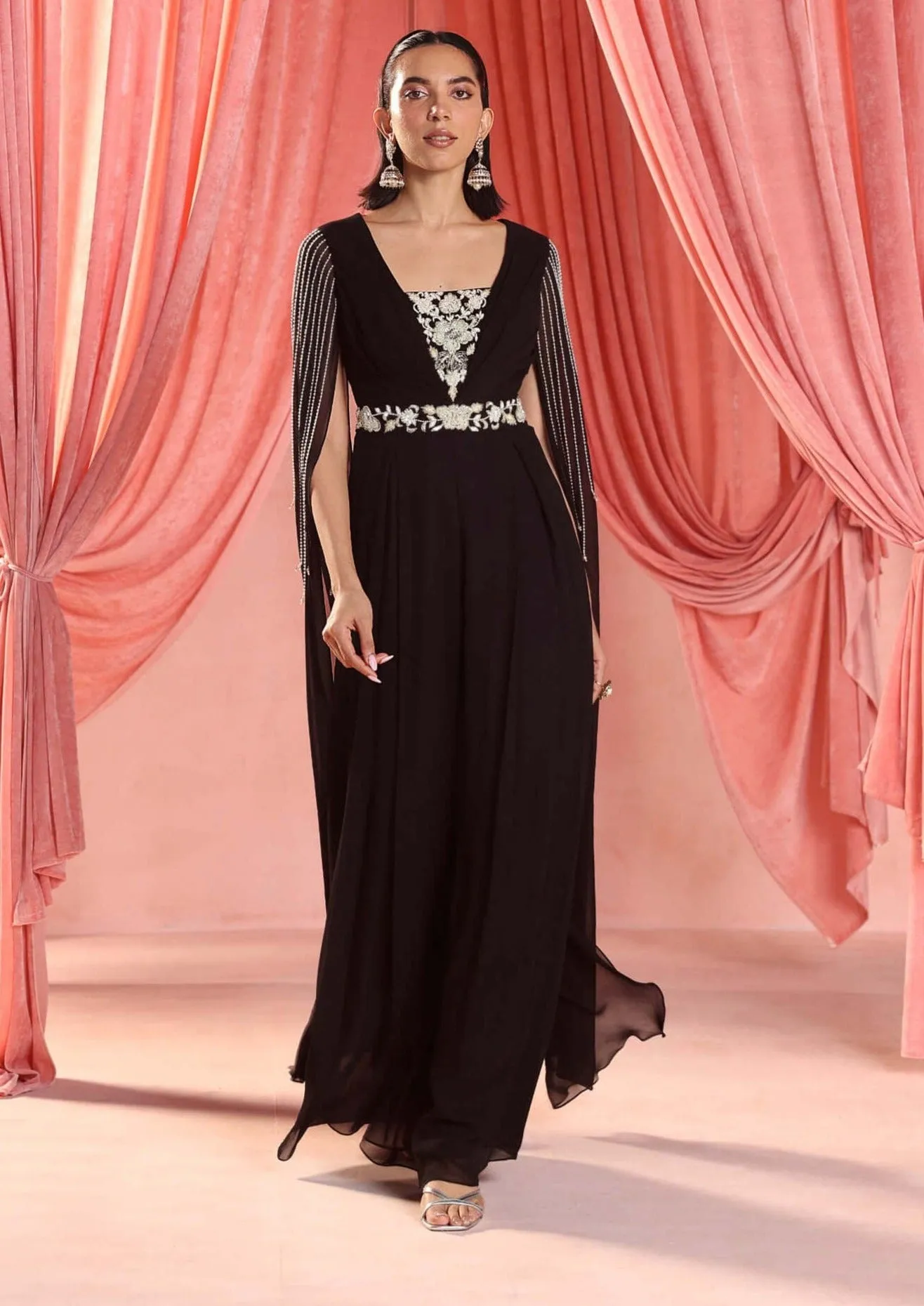 Lena black pleated draped jumpsuit