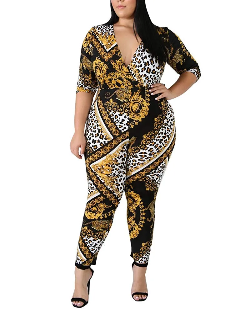 lexiart Plus Size Jumpsuits for Women - Sexy Stretchy Jumpsuits V Neck Long Sleeve African Rompers