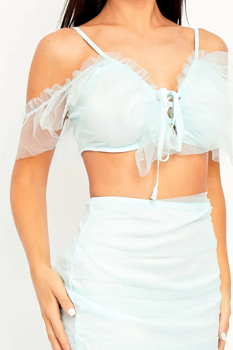 Light Blue Mesh Frill Crop Top   Skirt Co-ord - Pansy