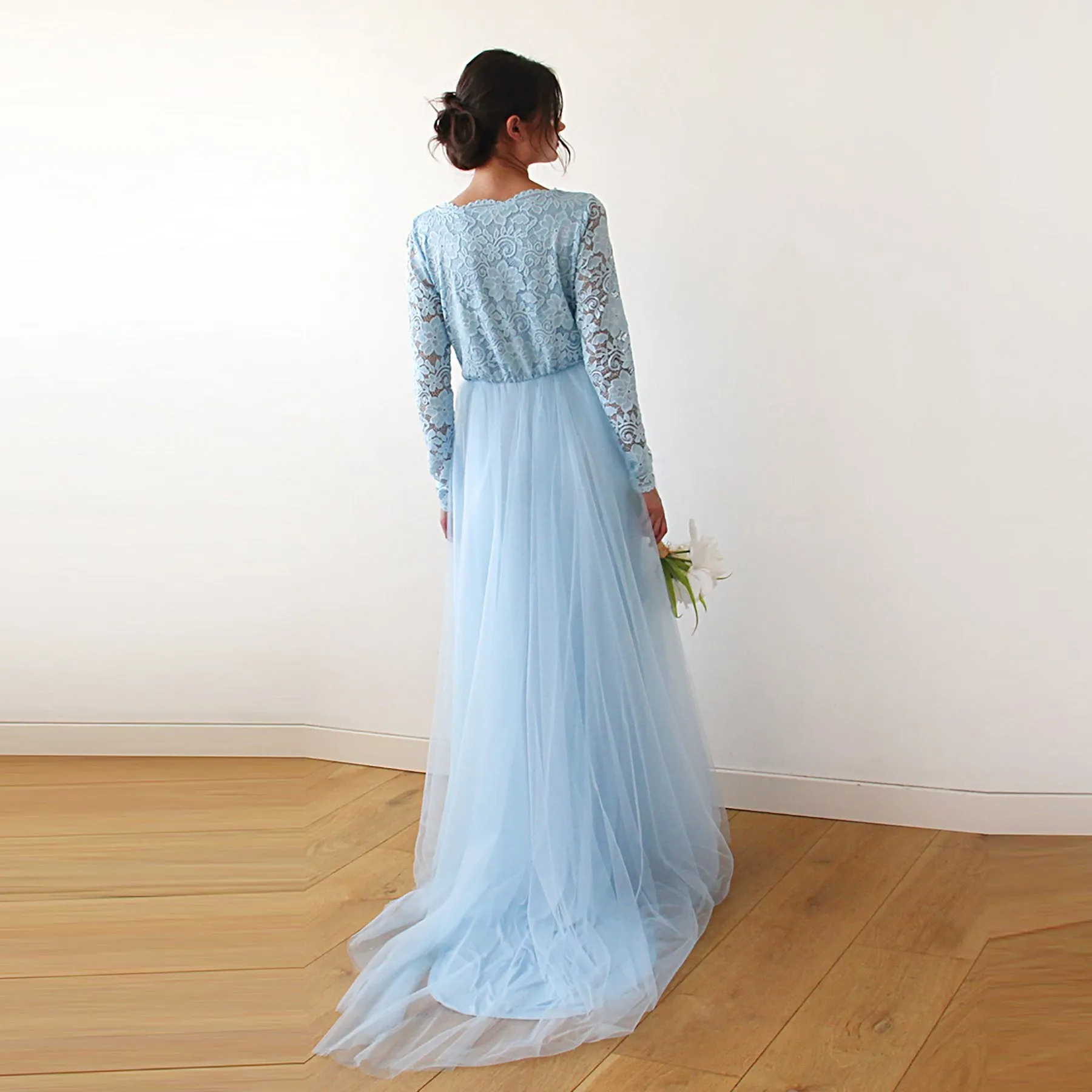 Light Blue Tulle and Lace Dress with Train #1164