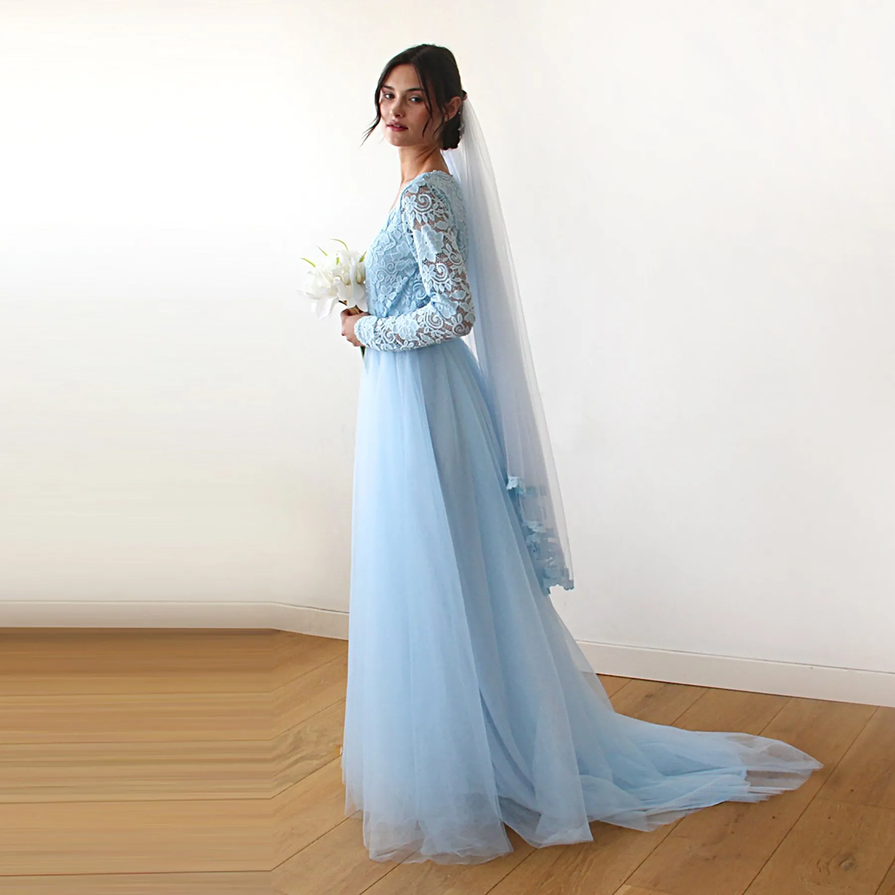 Light Blue Tulle and Lace Dress with Train #1164