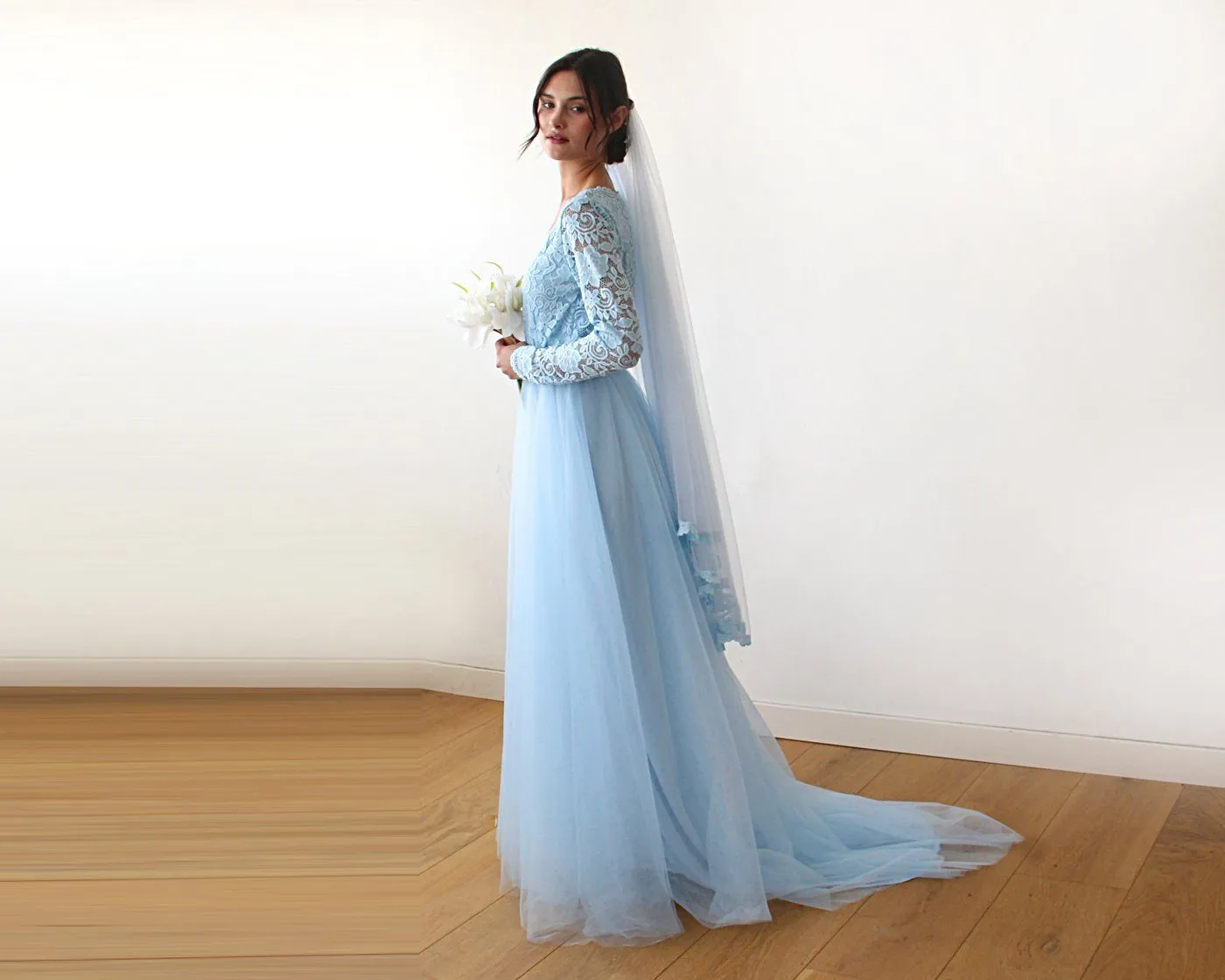 Light Blue Tulle and Lace Dress with Train #1164