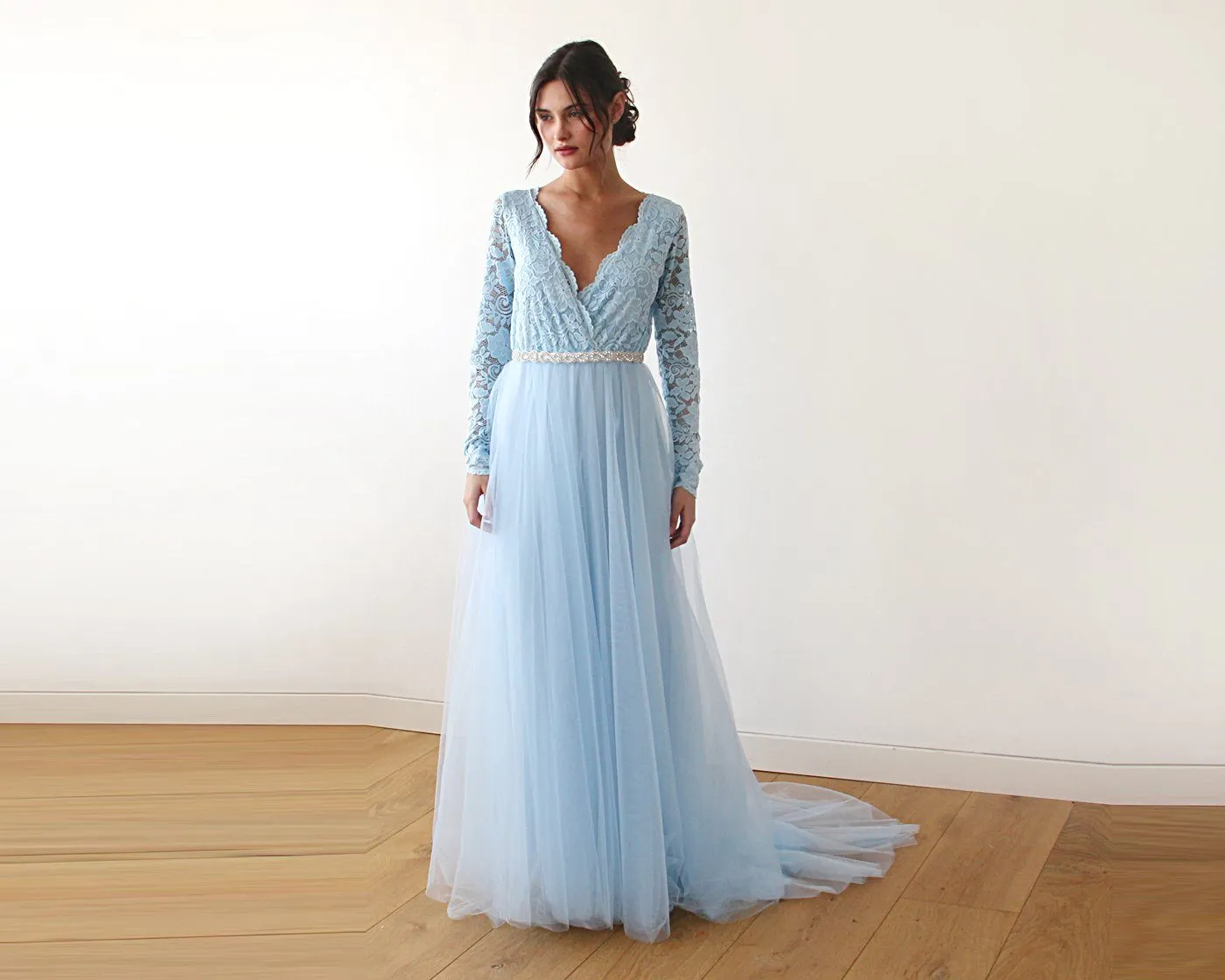 Light Blue Tulle and Lace Dress with Train #1164