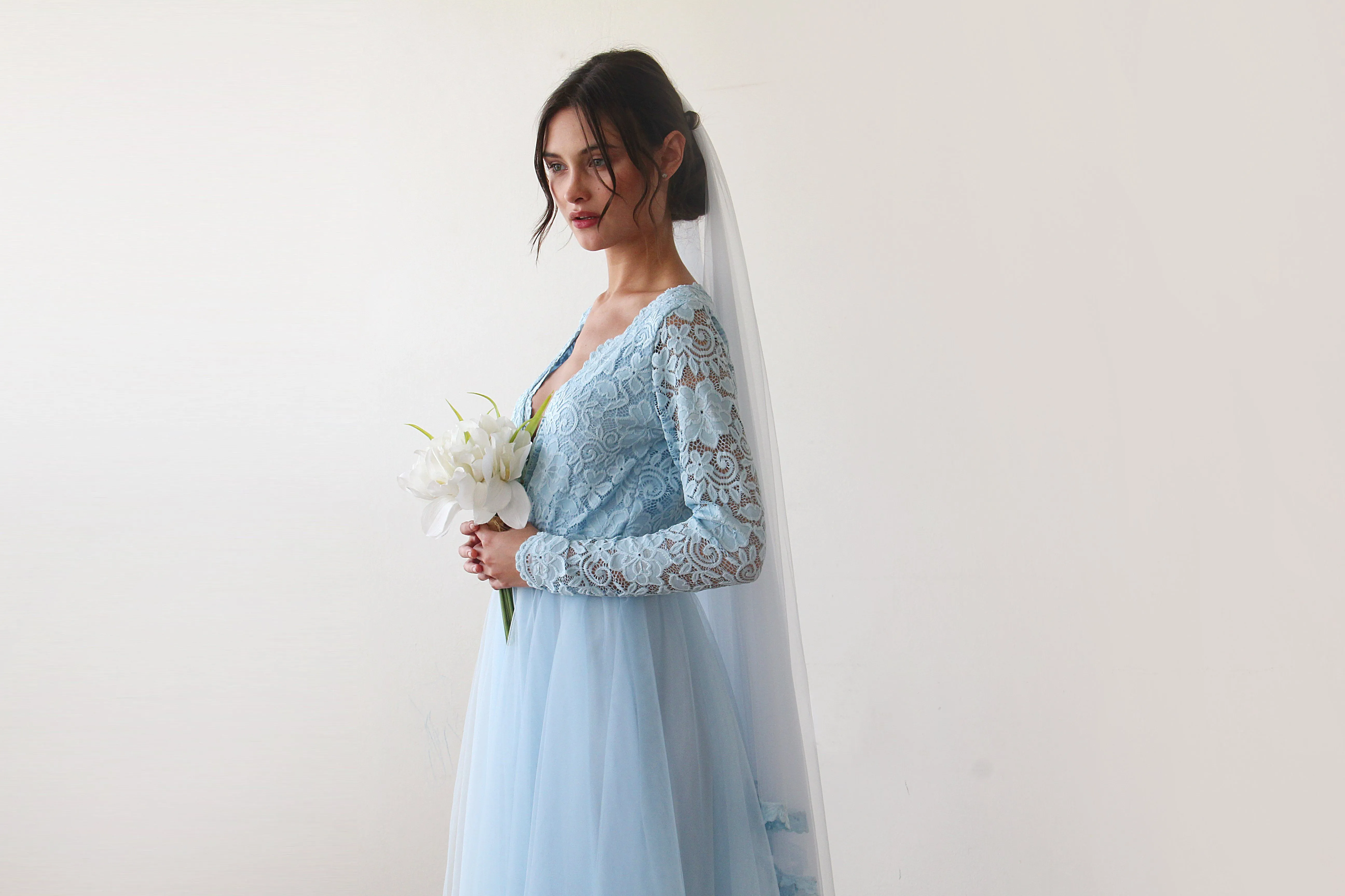 Light Blue Tulle and Lace Dress with Train #1164
