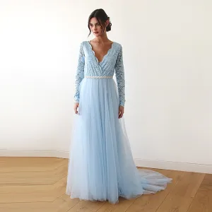 Light Blue Tulle and Lace Dress with Train #1164