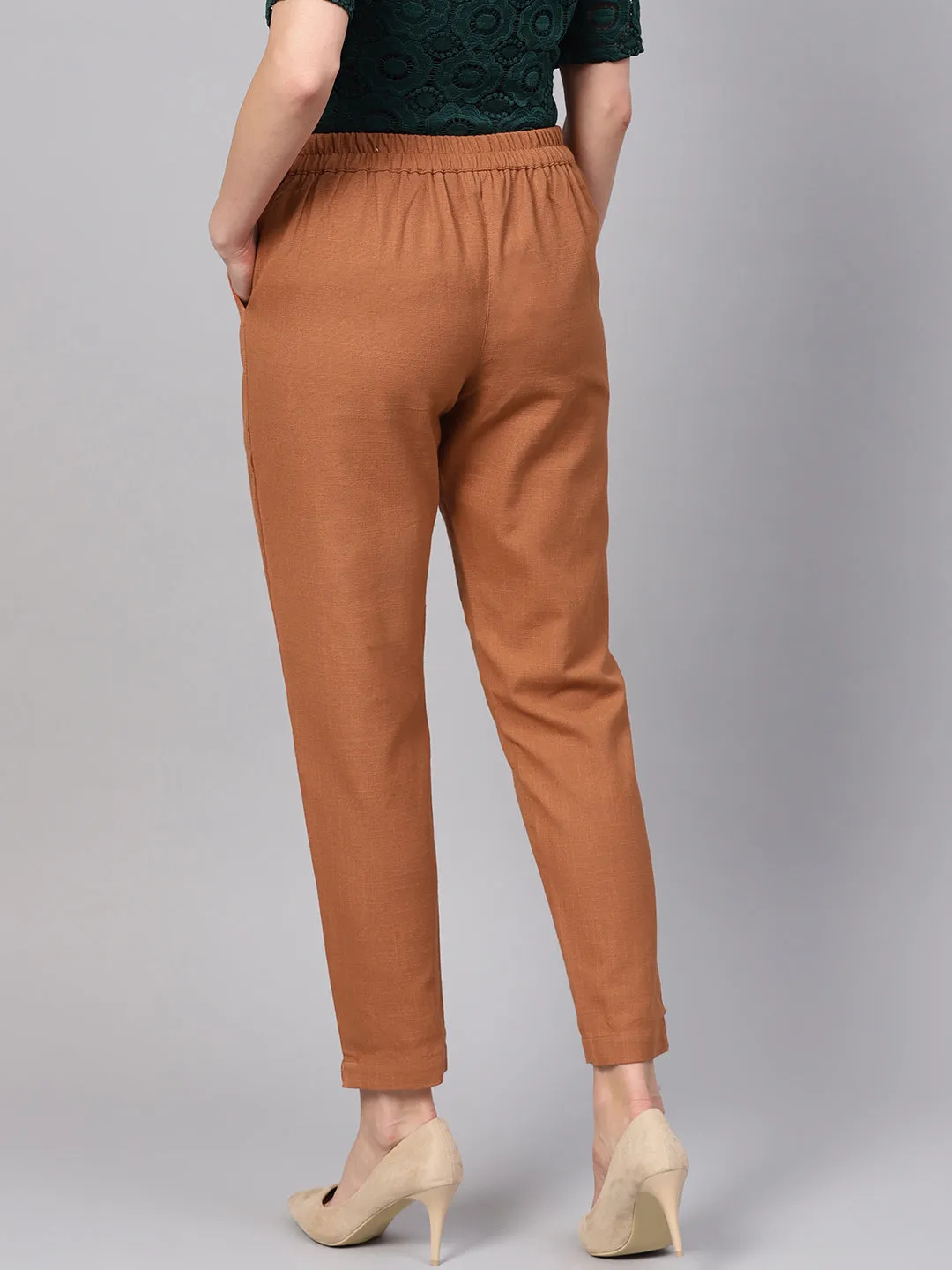 Light Brown Solid Cotton Slub Straight Pants