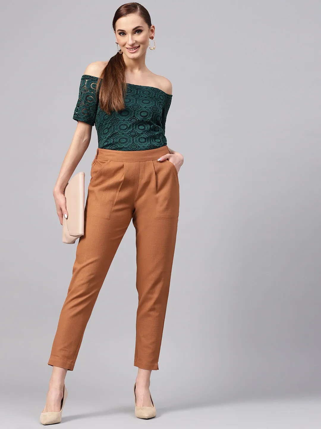 Light Brown Solid Cotton Slub Straight Pants
