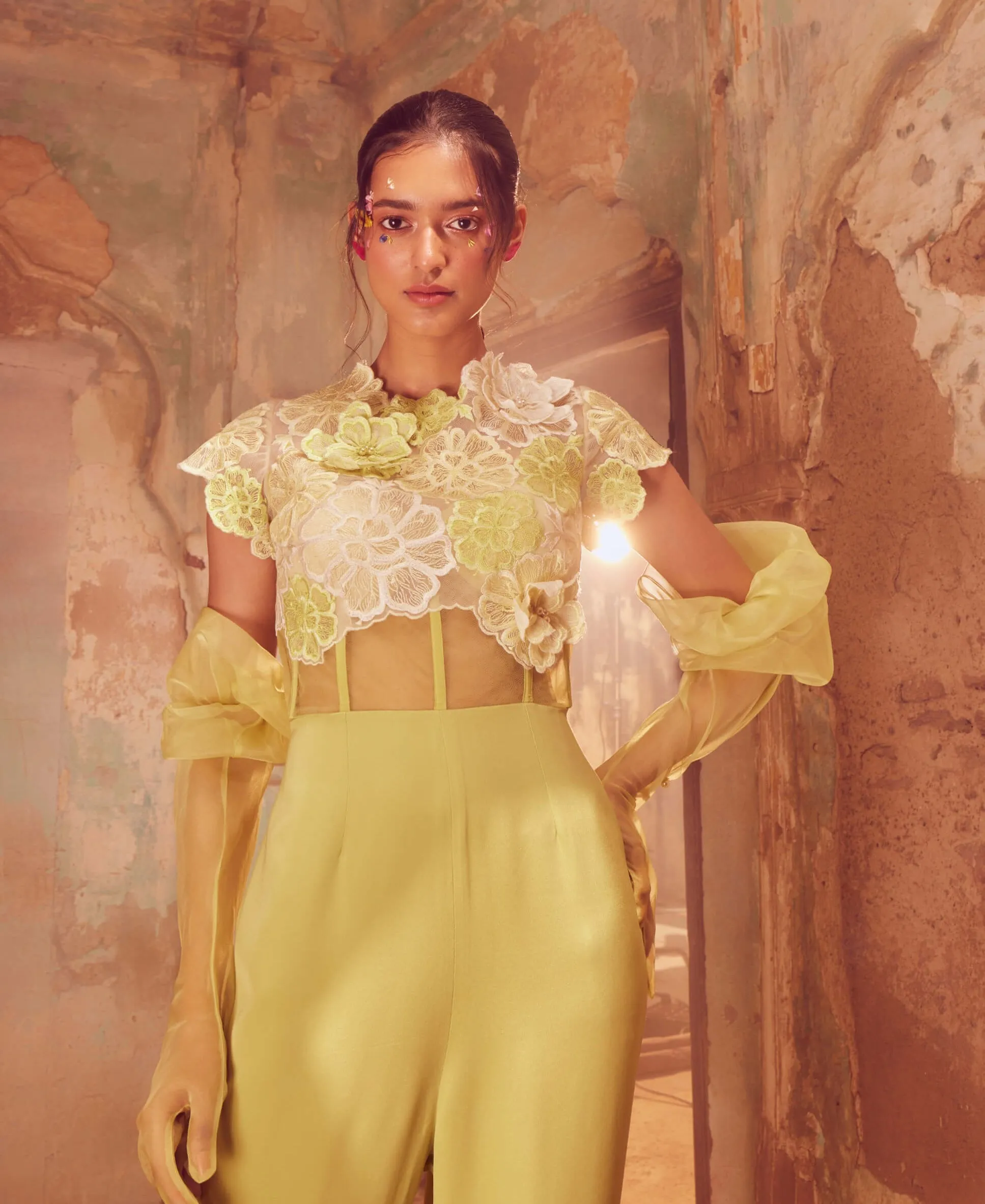 Lime green 3d floral jumpsuit