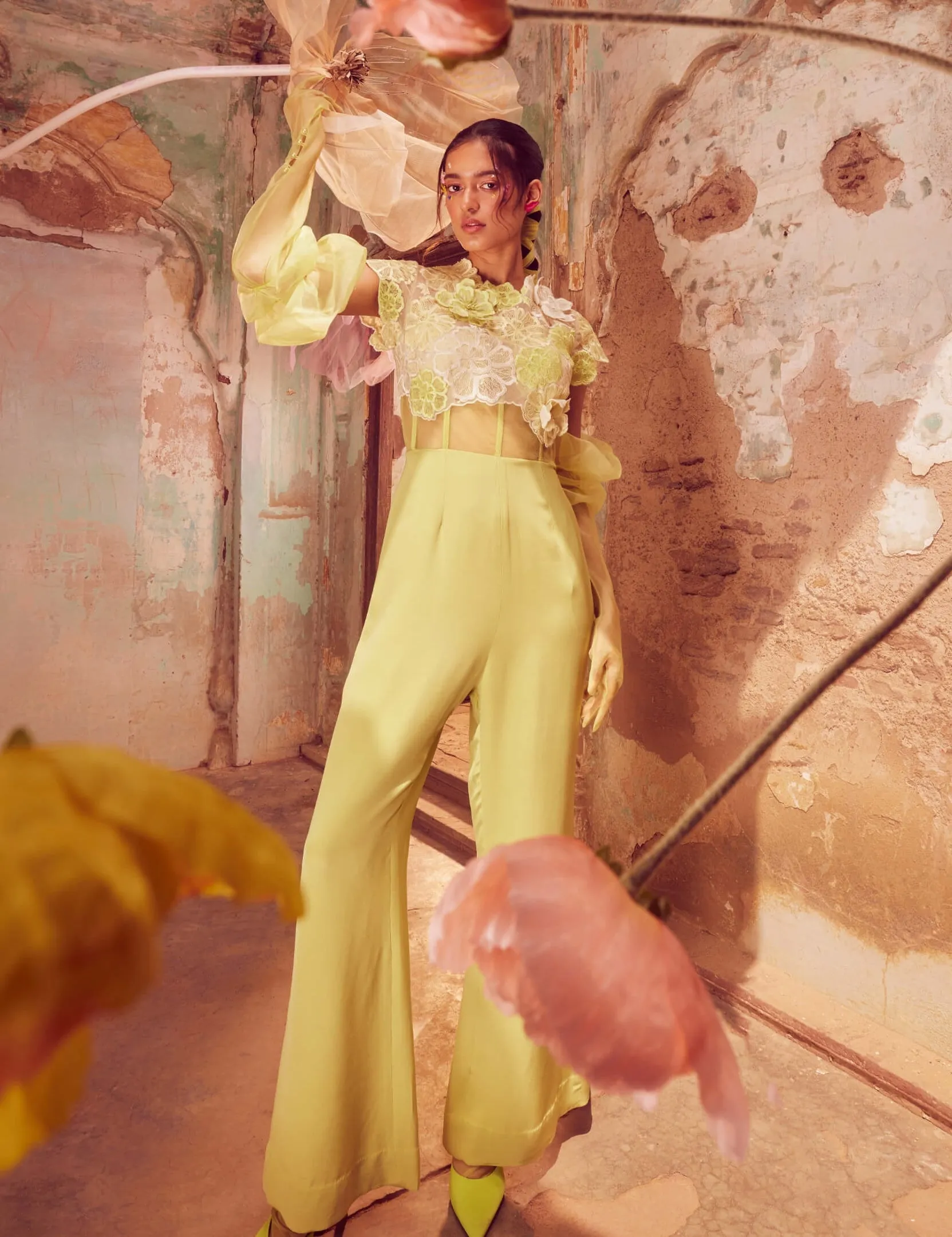 Lime green 3d floral jumpsuit