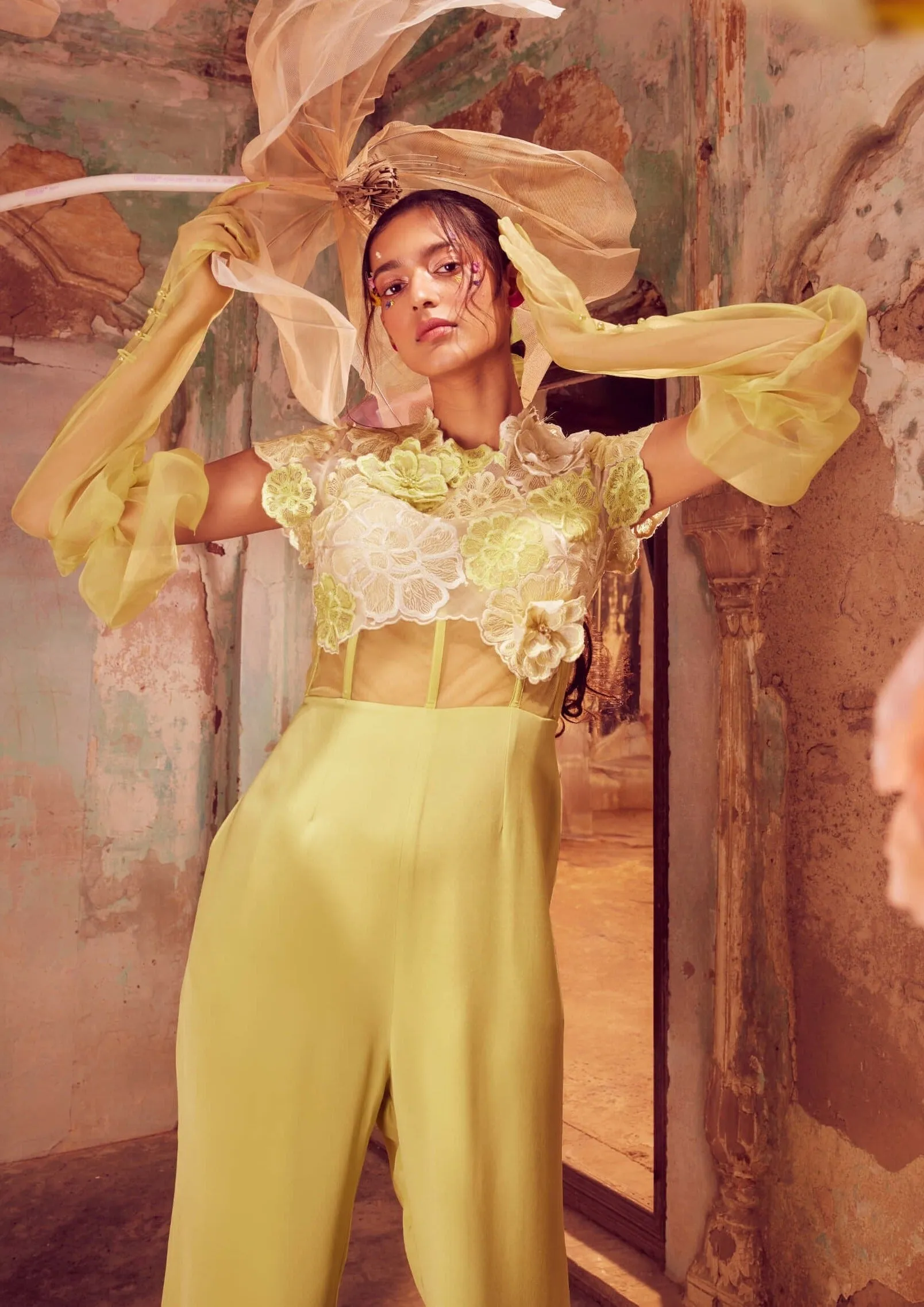 Lime green 3d floral jumpsuit