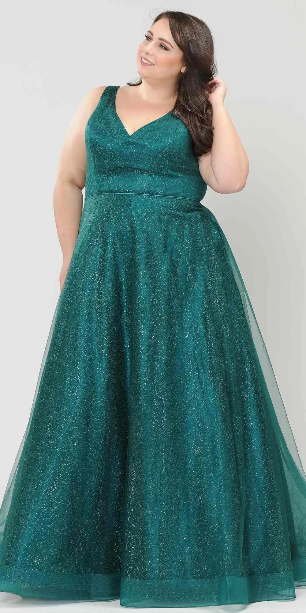 Lindas W1024 Glitter Full Length V-Neck Plus Size Dress