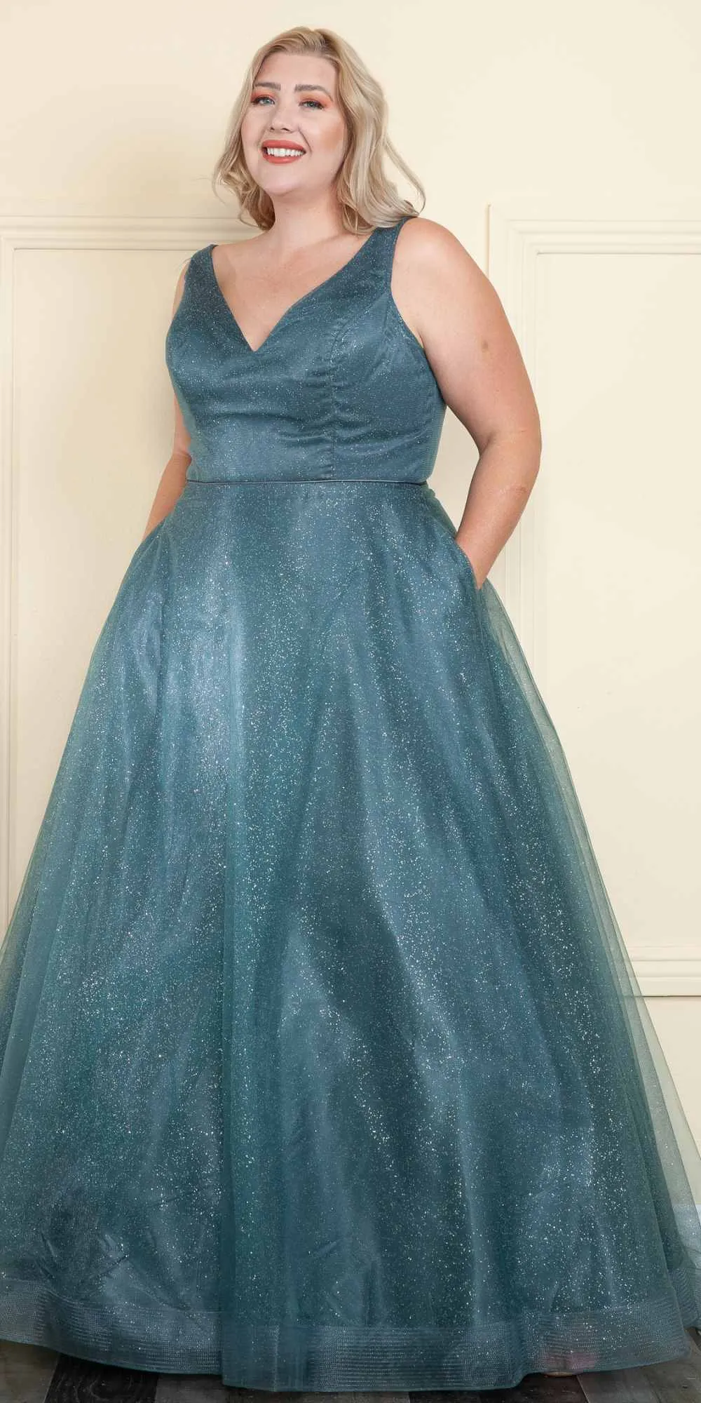 Lindas W1024 Glitter Full Length V-Neck Plus Size Dress
