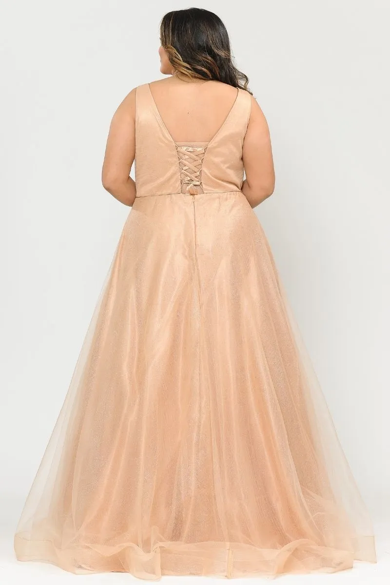 Lindas W1024 Glitter Full Length V-Neck Plus Size Dress