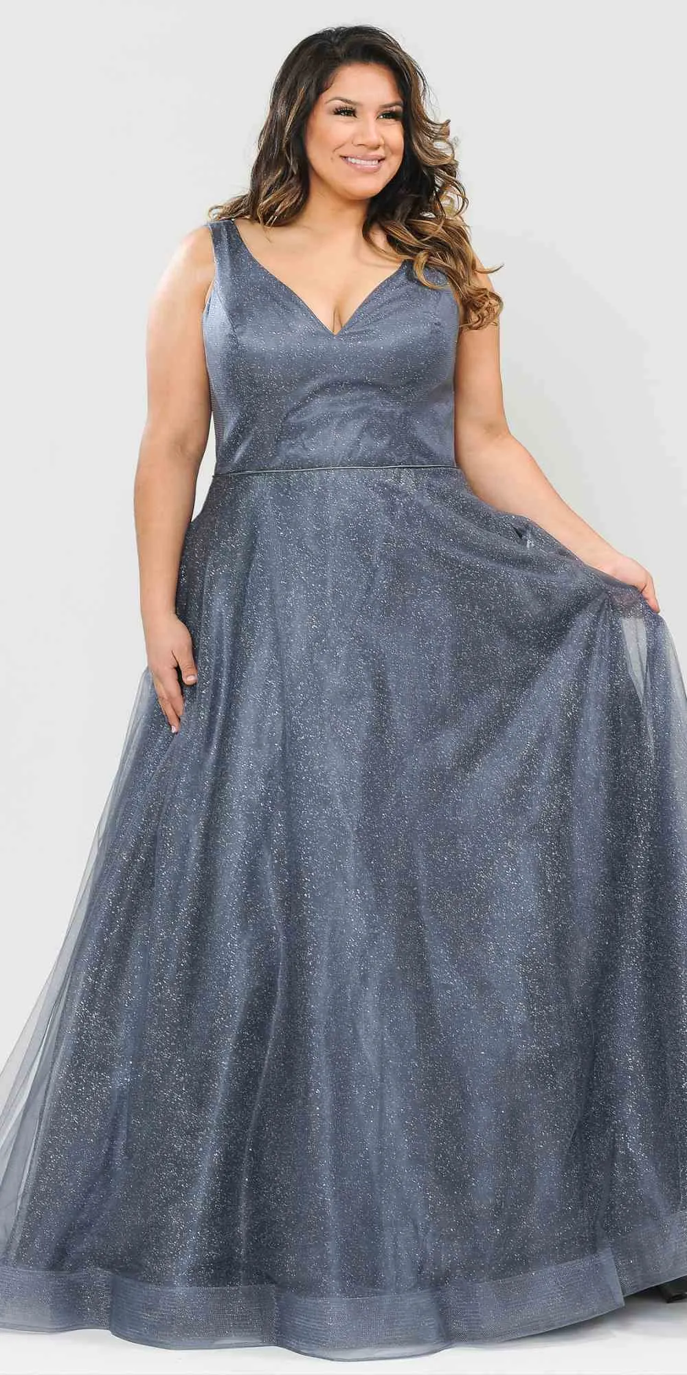 Lindas W1024 Glitter Full Length V-Neck Plus Size Dress