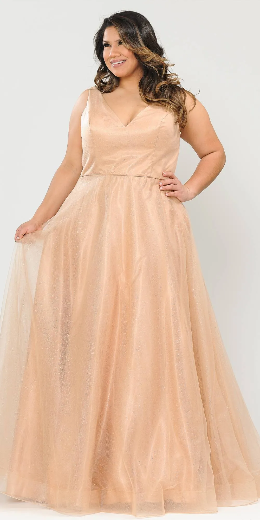 Lindas W1024 Glitter Full Length V-Neck Plus Size Dress