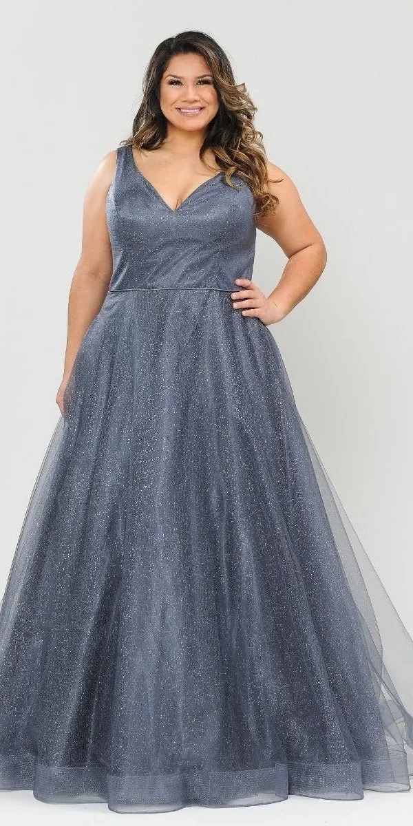 Lindas W1024 Glitter Full Length V-Neck Plus Size Dress