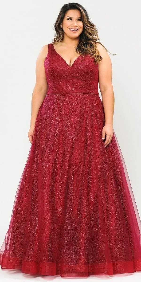 Lindas W1024 Glitter Full Length V-Neck Plus Size Dress