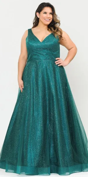 Lindas W1024 Glitter Full Length V-Neck Plus Size Dress