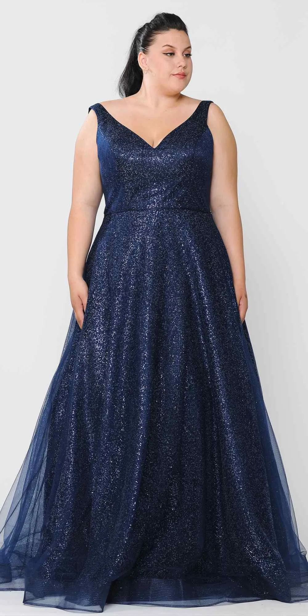 Lindas W1024 Glitter Full Length V-Neck Plus Size Dress