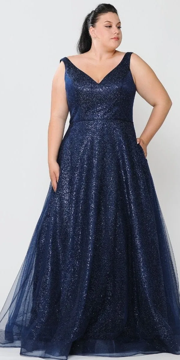 Lindas W1024 Glitter Full Length V-Neck Plus Size Dress
