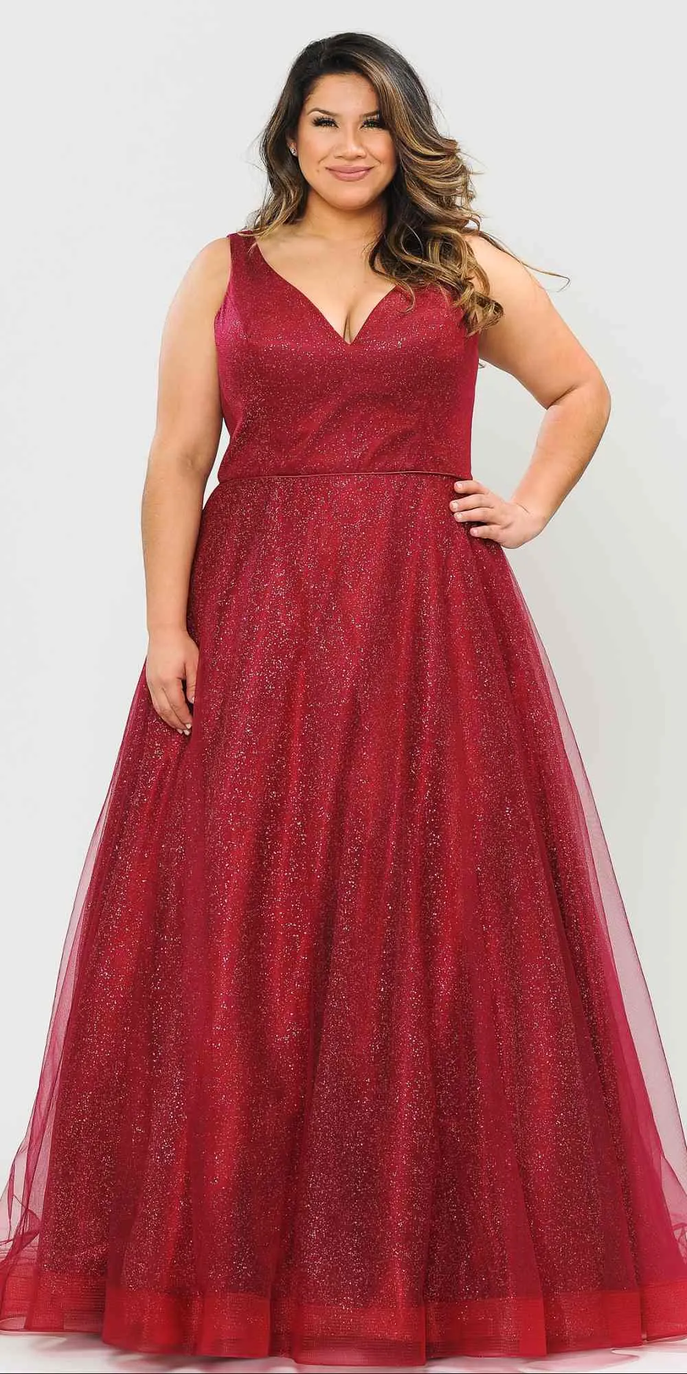 Lindas W1024 Glitter Full Length V-Neck Plus Size Dress