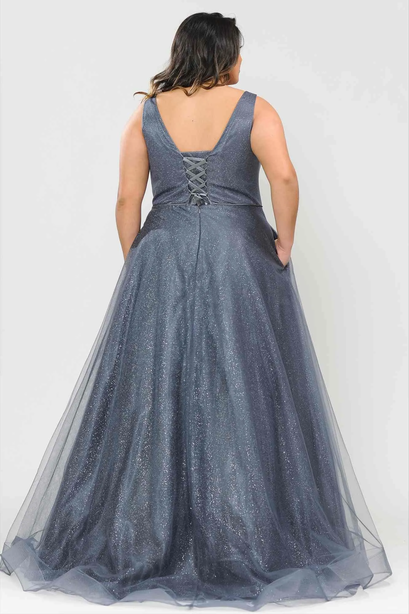 Lindas W1024 Glitter Full Length V-Neck Plus Size Dress