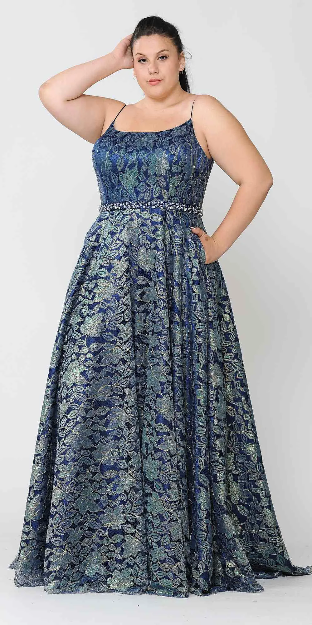 Lindas W1088 Square Neck Spaghetti Straps Floral Lace Plus Size Dress