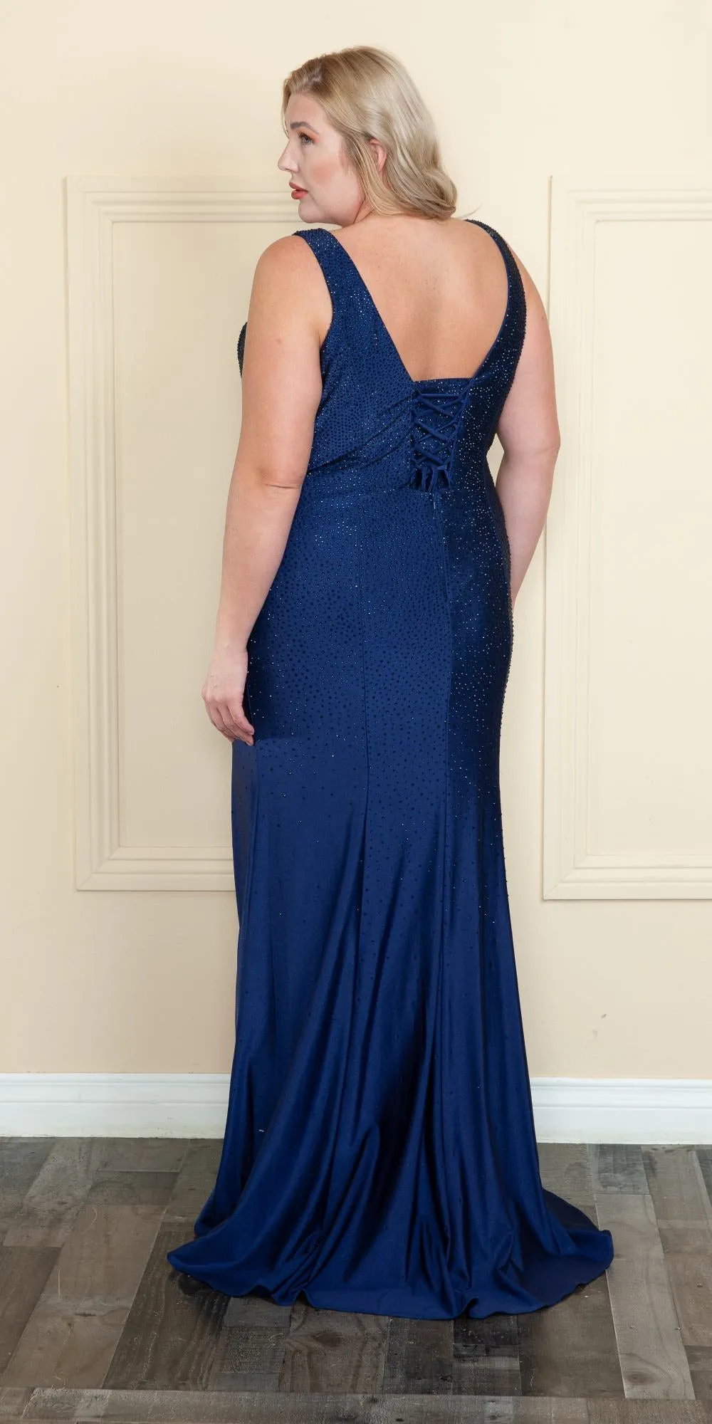 Lindas W1116 Long Plus Size V-Neckline Fitted Rhinestone Gown
